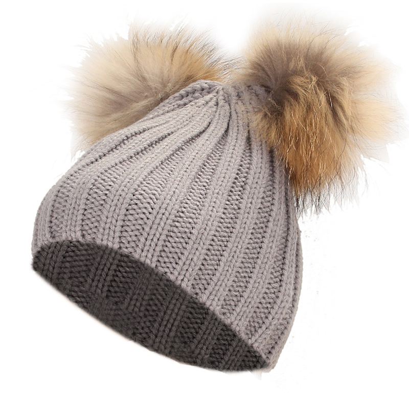 Dámská Zimní Kožešinová Čepice Double Pom Beanie Hat Knit Bobble Ski Cap