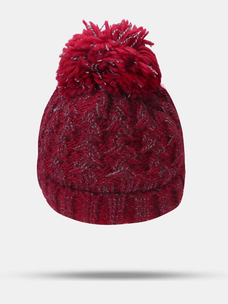 Dámské Smíšené Barvy Knitted Plus Velvet Thicken Fluffy Ball Warmth Čepice S Ochranou Uší