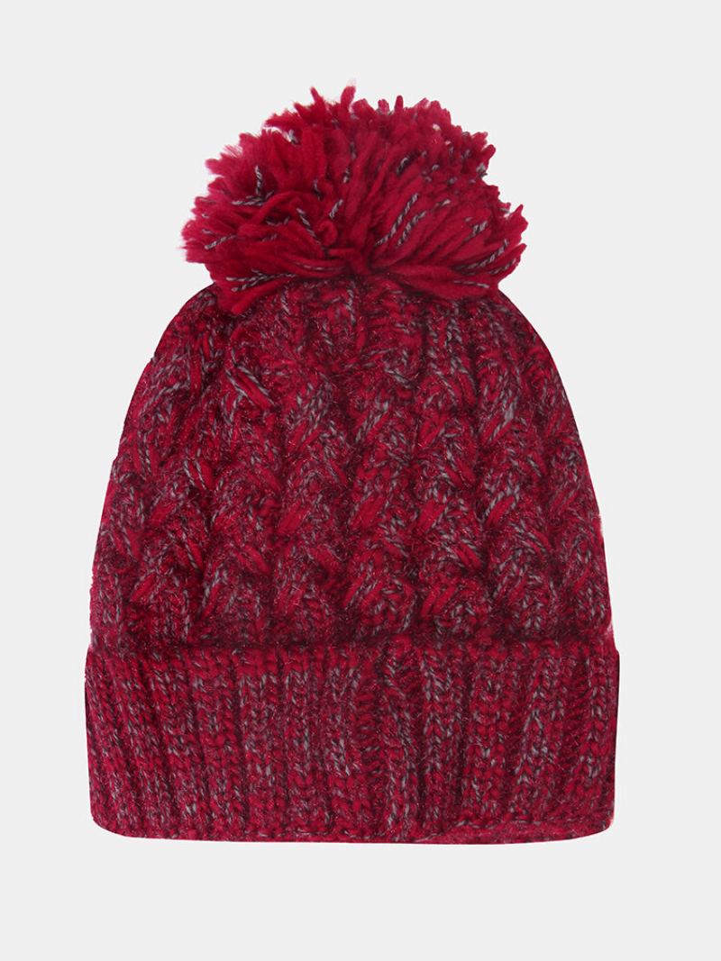 Dámské Smíšené Barvy Knitted Plus Velvet Thicken Fluffy Ball Warmth Čepice S Ochranou Uší