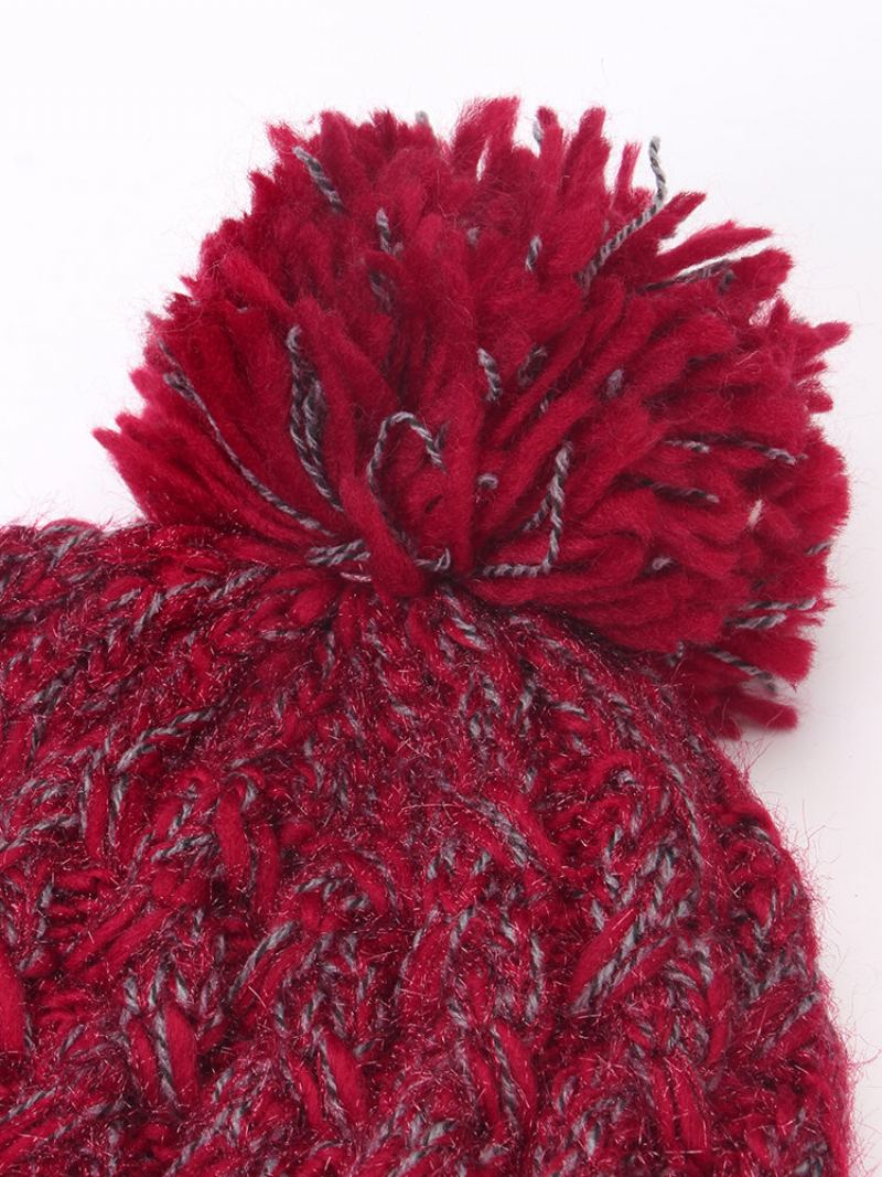 Dámské Smíšené Barvy Knitted Plus Velvet Thicken Fluffy Ball Warmth Čepice S Ochranou Uší