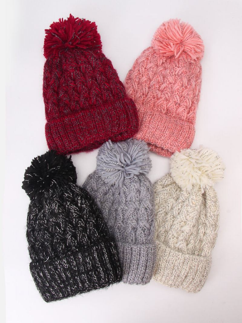 Dámské Smíšené Barvy Knitted Plus Velvet Thicken Fluffy Ball Warmth Čepice S Ochranou Uší