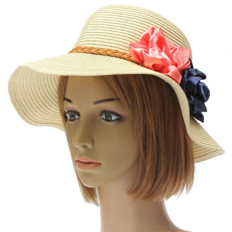 Dámský Klobouk Trilby Beach Sun Hat Flower Elegantní Cestovní Kšiltovka Se Slámou