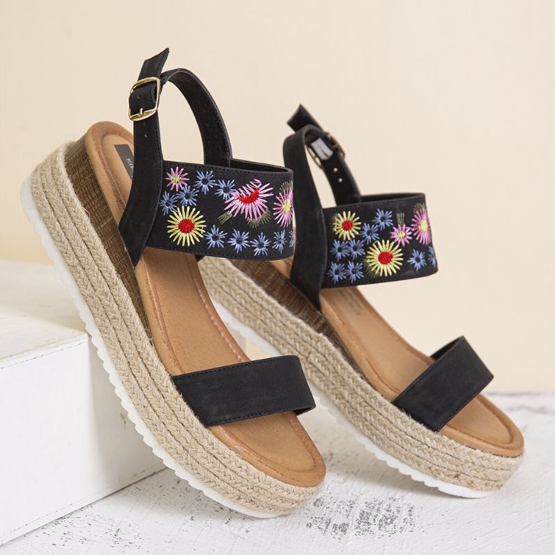 Lostisy Women Flowers Vyšívané Espadrilky S Přezkou Na Platformě