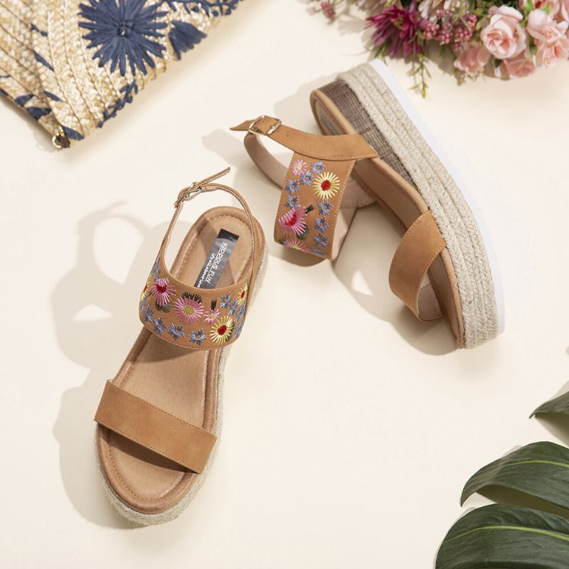 Lostisy Women Flowers Vyšívané Espadrilky S Přezkou Na Platformě