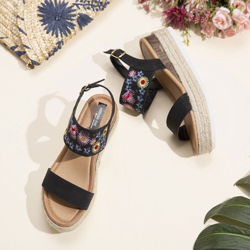 Lostisy Women Flowers Vyšívané Espadrilky S Přezkou Na Platformě