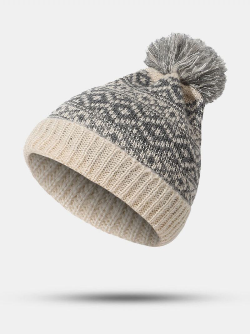 Unisex Bavlněná Nit Pletená Zahuštěná Argyle Jacquard Kožešinová Koule Dekorace Hřejivost Čepice Beanie Bez Okraje