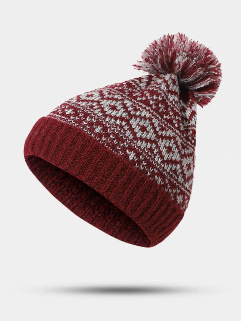 Unisex Bavlněná Nit Pletená Zahuštěná Argyle Jacquard Kožešinová Koule Dekorace Hřejivost Čepice Beanie Bez Okraje