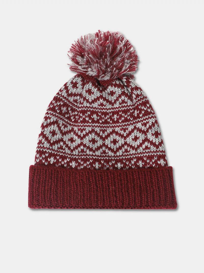 Unisex Bavlněná Nit Pletená Zahuštěná Argyle Jacquard Kožešinová Koule Dekorace Hřejivost Čepice Beanie Bez Okraje