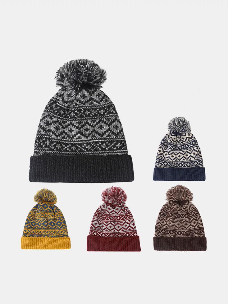 Unisex Bavlněná Nit Pletená Zahuštěná Argyle Jacquard Kožešinová Koule Dekorace Hřejivost Čepice Beanie Bez Okraje