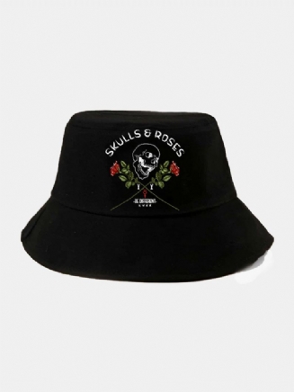 Unisex Cotton Letters Skull Rose Print Fashion Sun Protection Bucket Hat