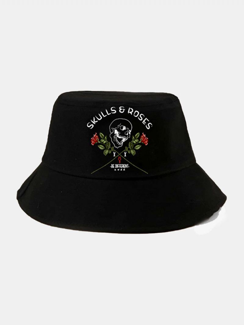 Unisex Cotton Letters Skull Rose Print Fashion Sun Protection Bucket Hat