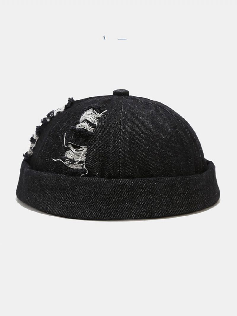 Unisex Džínovina Rozbité Dírky Vyrobeno Ze Staré Módy Venkovní Čepice Bez Okrajů Landlord Cap Skull Cap