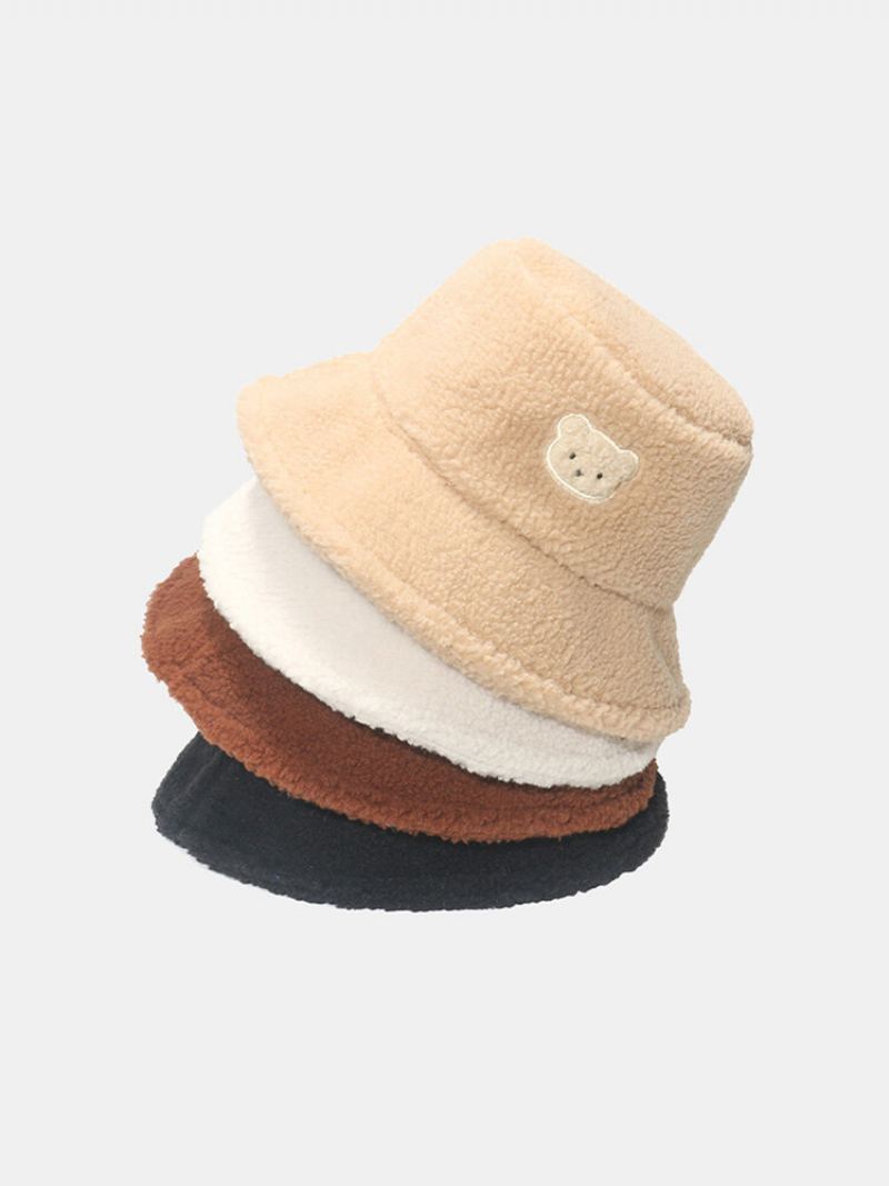 Unisex Jehněčí Vlna Pevná Výšivka Cartoon Bear Fashion Warmth Bucket Hat