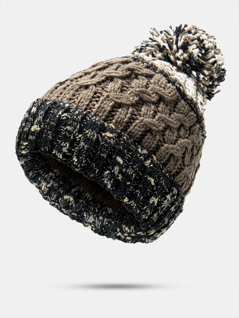 Unisex Smíšené Barvy Pletené Plus Samet Se Zahuštěným Vzorem Twist Kožešina Ball Dekorace Lemování Teplá Čepice Beanie