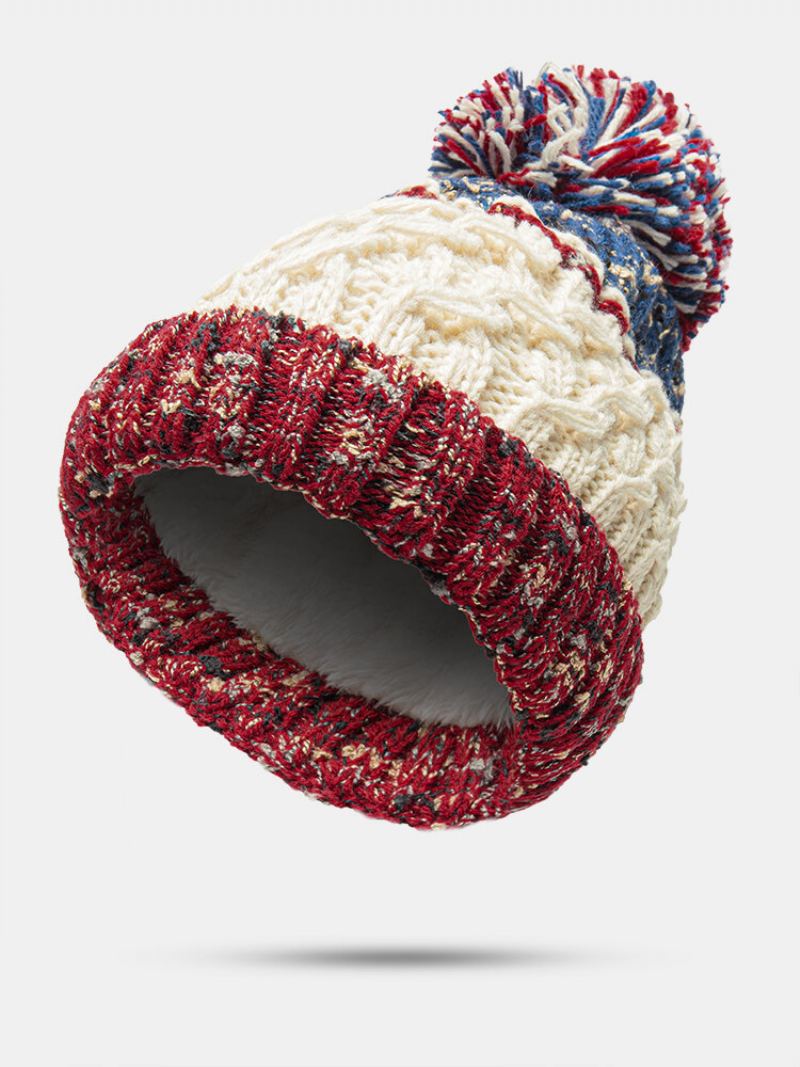 Unisex Smíšené Barvy Pletené Plus Samet Se Zahuštěným Vzorem Twist Kožešina Ball Dekorace Lemování Teplá Čepice Beanie