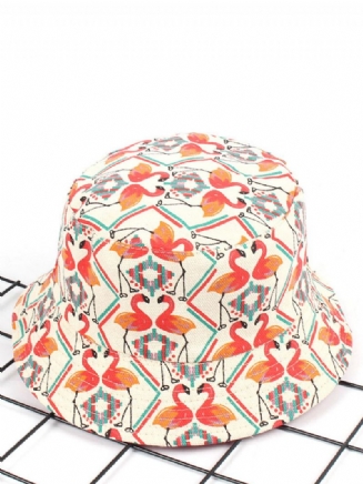 Women Print Flamingo Canvas Bucket Hat Outdoor Sunshade Fisherman Cap