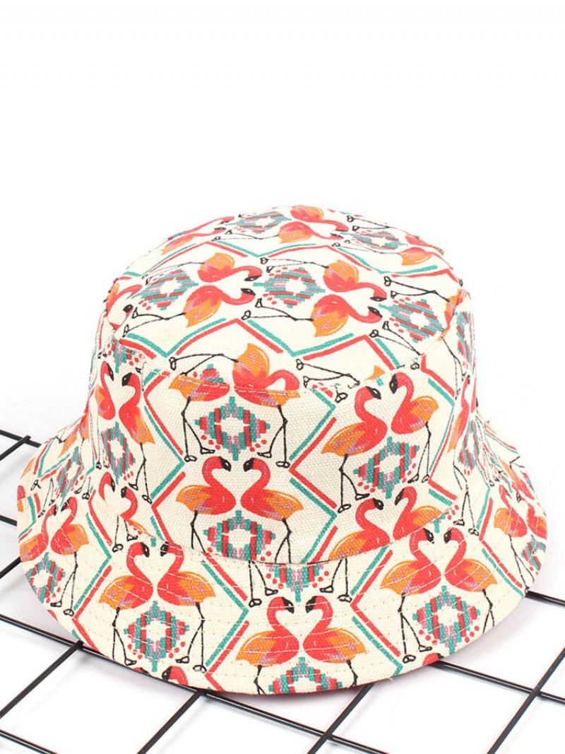 Women Print Flamingo Canvas Bucket Hat Outdoor Sunshade Fisherman Cap