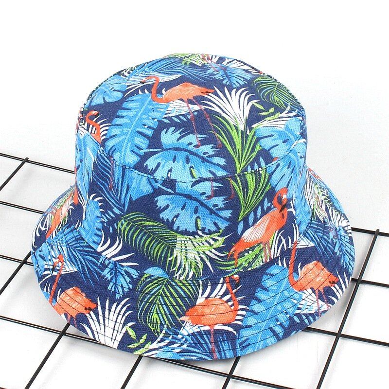 Women Print Flamingo Canvas Bucket Hat Outdoor Sunshade Fisherman Cap