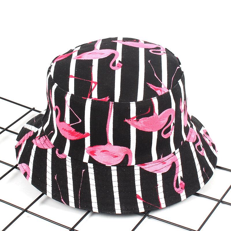 Women Print Flamingo Canvas Bucket Hat Outdoor Sunshade Fisherman Cap