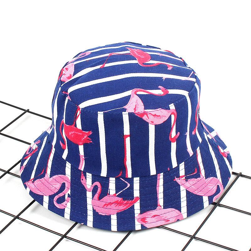 Women Print Flamingo Canvas Bucket Hat Outdoor Sunshade Fisherman Cap