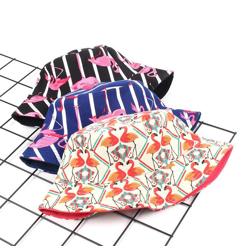 Women Print Flamingo Canvas Bucket Hat Outdoor Sunshade Fisherman Cap