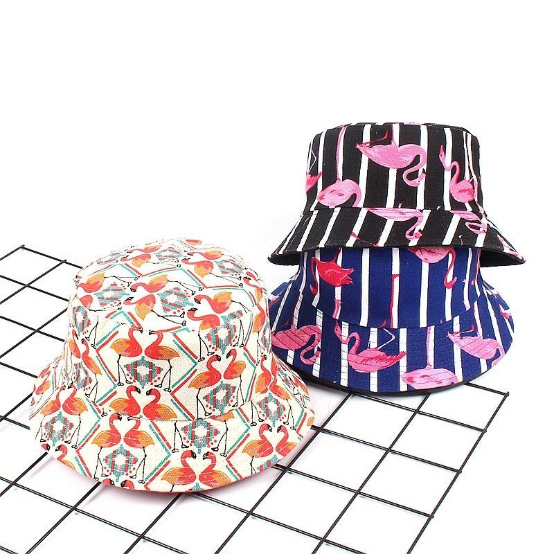 Women Print Flamingo Canvas Bucket Hat Outdoor Sunshade Fisherman Cap