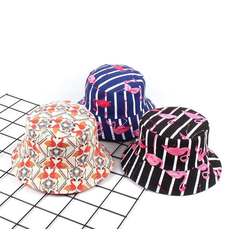 Women Print Flamingo Canvas Bucket Hat Outdoor Sunshade Fisherman Cap