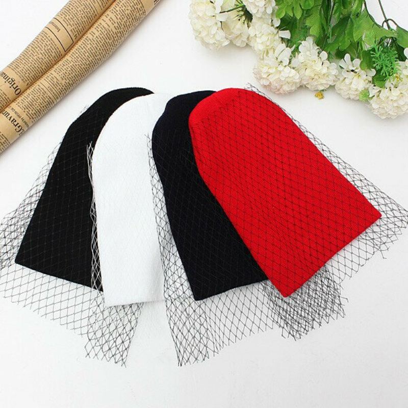 Ženy Dívčí Retro Šaty Klobouk Mesh Net Závoj Pletení Čepice Beanie