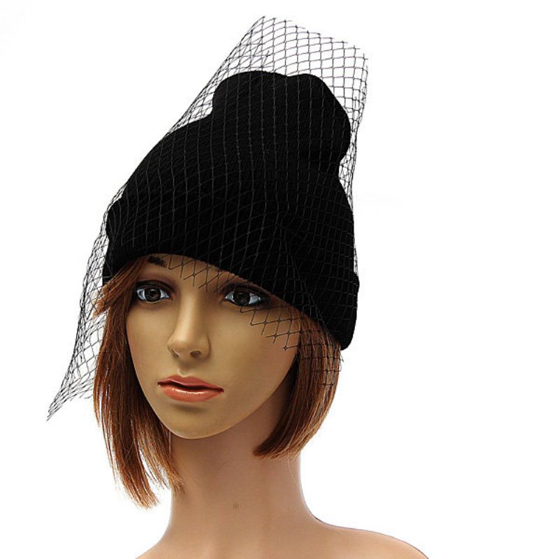 Ženy Dívčí Retro Šaty Klobouk Mesh Net Závoj Pletení Čepice Beanie