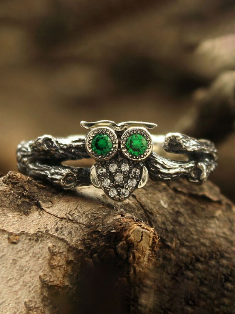 1 Ks Alloy Vintage Magical-like Branch Design Prsten S Přívěskem Green Owl