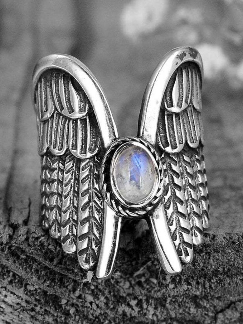 Alloy Vintage Angel Wing Prsten Moon Stone Dámský Thai Silver Feather Ring