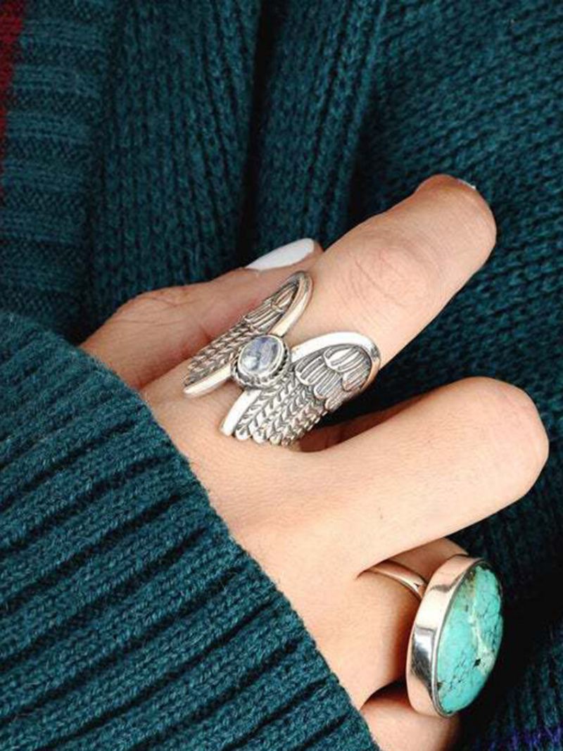 Alloy Vintage Angel Wing Prsten Moon Stone Dámský Thai Silver Feather Ring