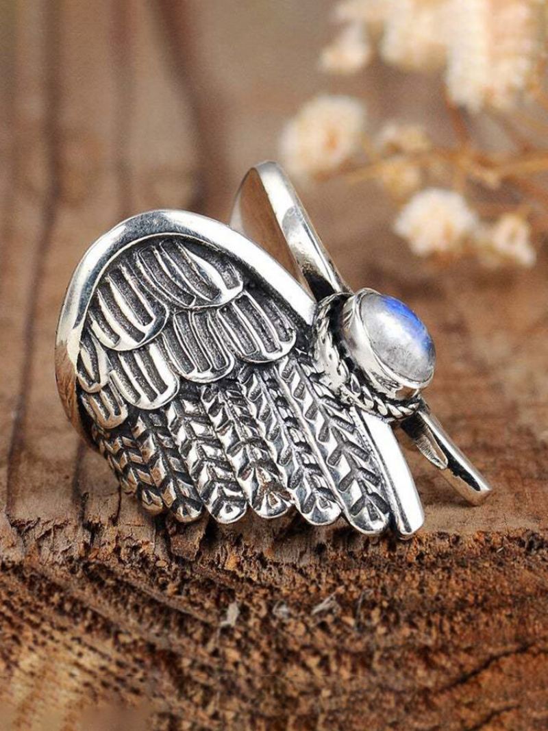 Alloy Vintage Angel Wing Prsten Moon Stone Dámský Thai Silver Feather Ring