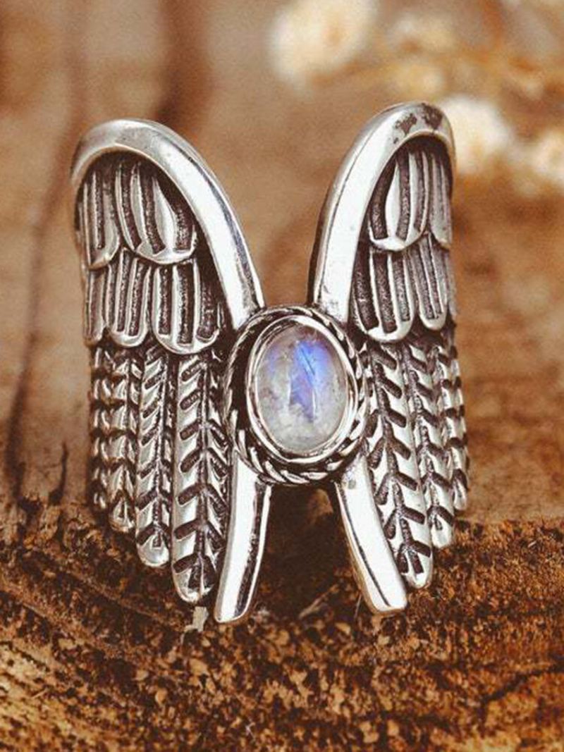 Alloy Vintage Angel Wing Prsten Moon Stone Dámský Thai Silver Feather Ring