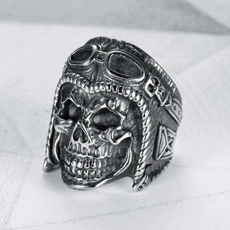 Kreativní Osobnost Trendy Pánský Prsten Titanium Steel Retro Pilot Skull Ring