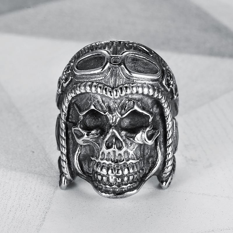 Kreativní Osobnost Trendy Pánský Prsten Titanium Steel Retro Pilot Skull Ring