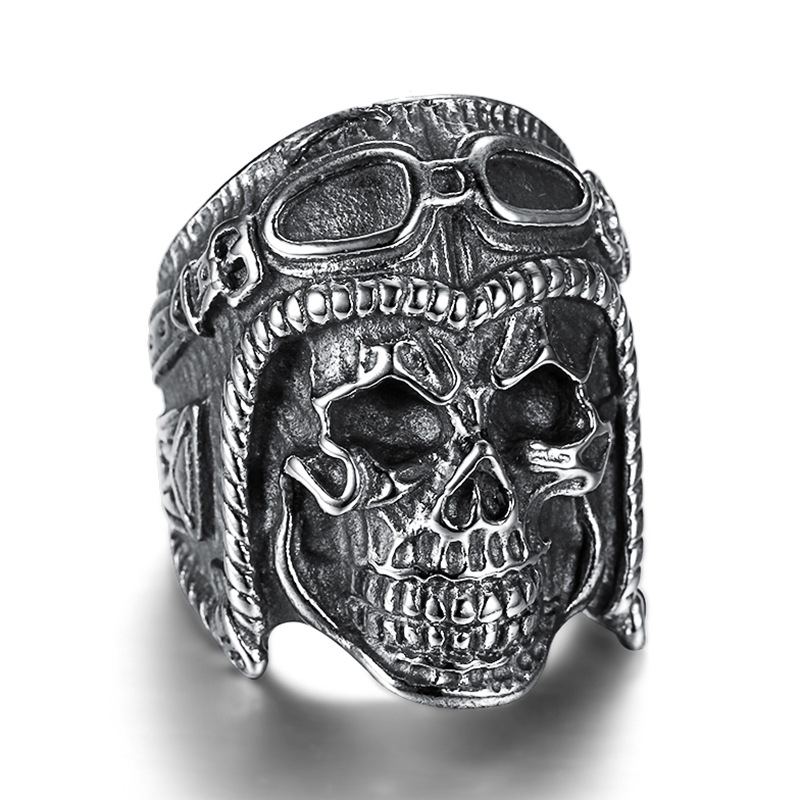 Kreativní Osobnost Trendy Pánský Prsten Titanium Steel Retro Pilot Skull Ring