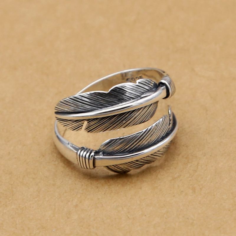 S925 Silver Feather Ring Jednoduché Retro Roman Ins Wind Open Hip Hop Příslušenství