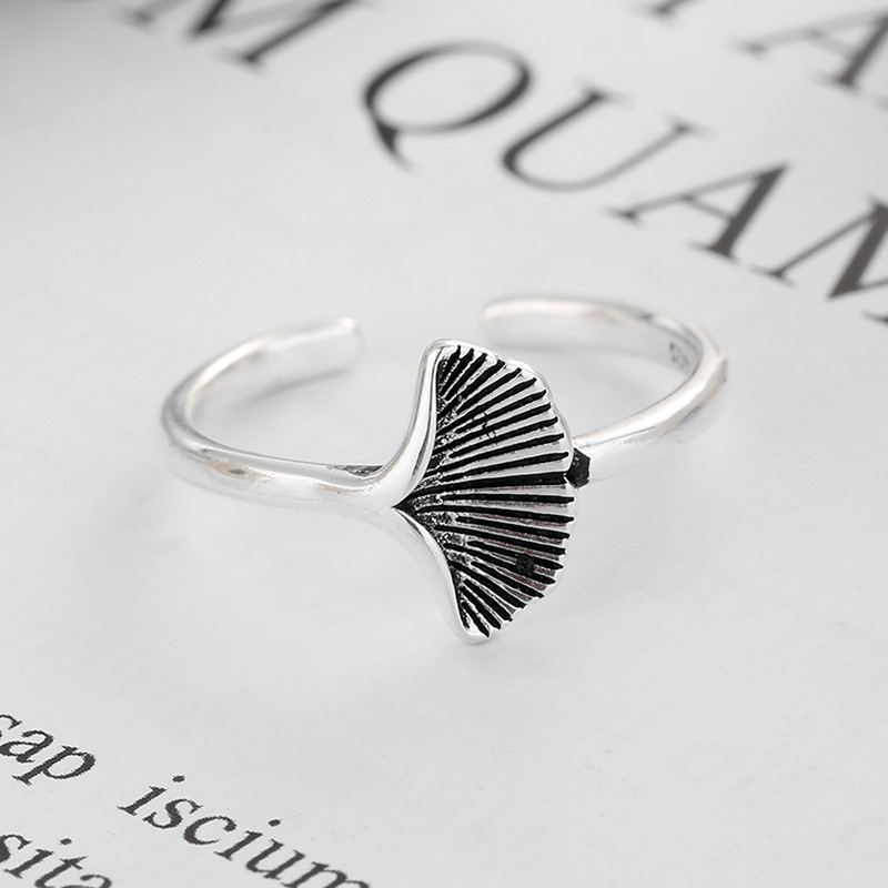 S925 Sterling Silver Distressed Ginkgo Leaf Thai Ring Retro Art Nastavitelný Prsten