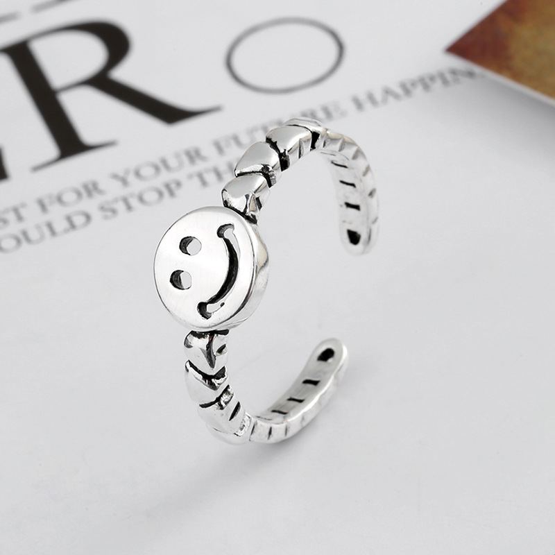 S925 Sterling Silver Retro Smiley Ring Jednoduchý Prsten S Nastavitelnou Velikostí Love Chain