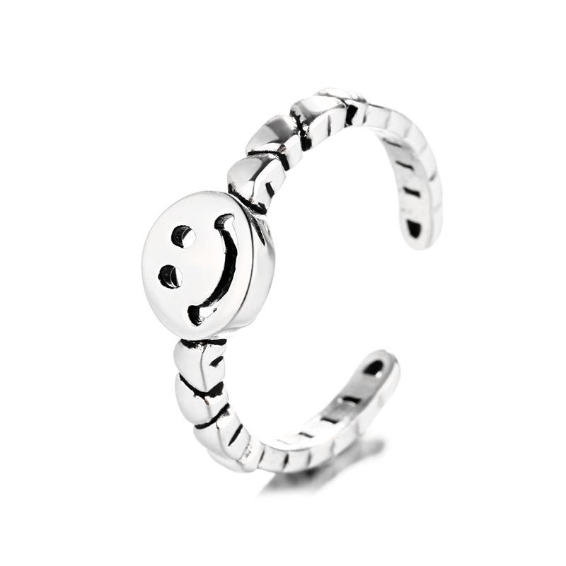 S925 Sterling Silver Retro Smiley Ring Jednoduchý Prsten S Nastavitelnou Velikostí Love Chain