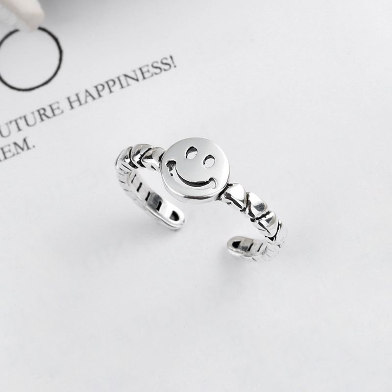 S925 Sterling Silver Retro Smiley Ring Jednoduchý Prsten S Nastavitelnou Velikostí Love Chain