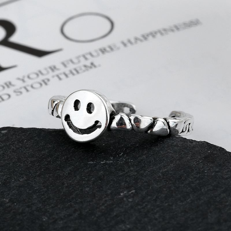 S925 Sterling Silver Retro Smiley Ring Jednoduchý Prsten S Nastavitelnou Velikostí Love Chain