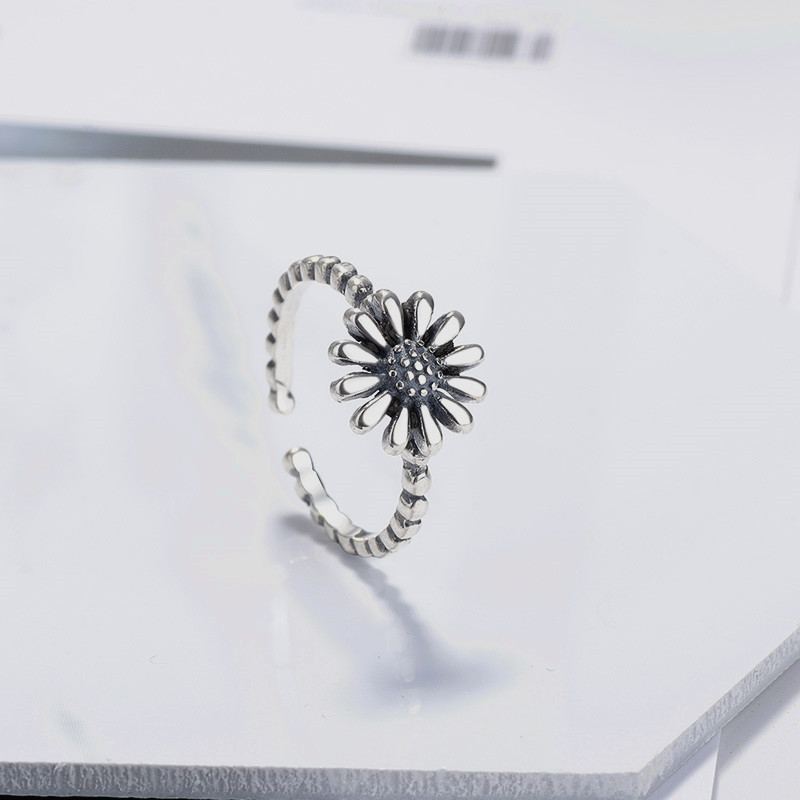 S925 Sterling Silver Vintage Daisy Thai Prsten Jednoduchý Literární Styl Sun Flower Nastavitelný