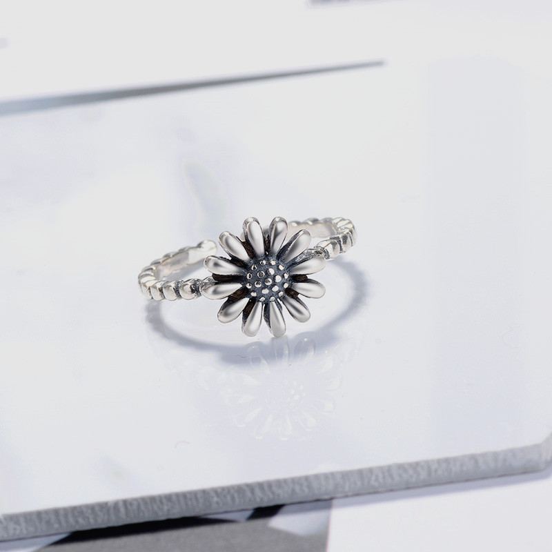 S925 Sterling Silver Vintage Daisy Thai Prsten Jednoduchý Literární Styl Sun Flower Nastavitelný