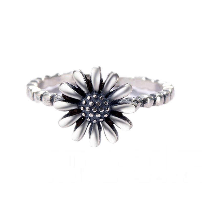 S925 Sterling Silver Vintage Daisy Thai Prsten Jednoduchý Literární Styl Sun Flower Nastavitelný