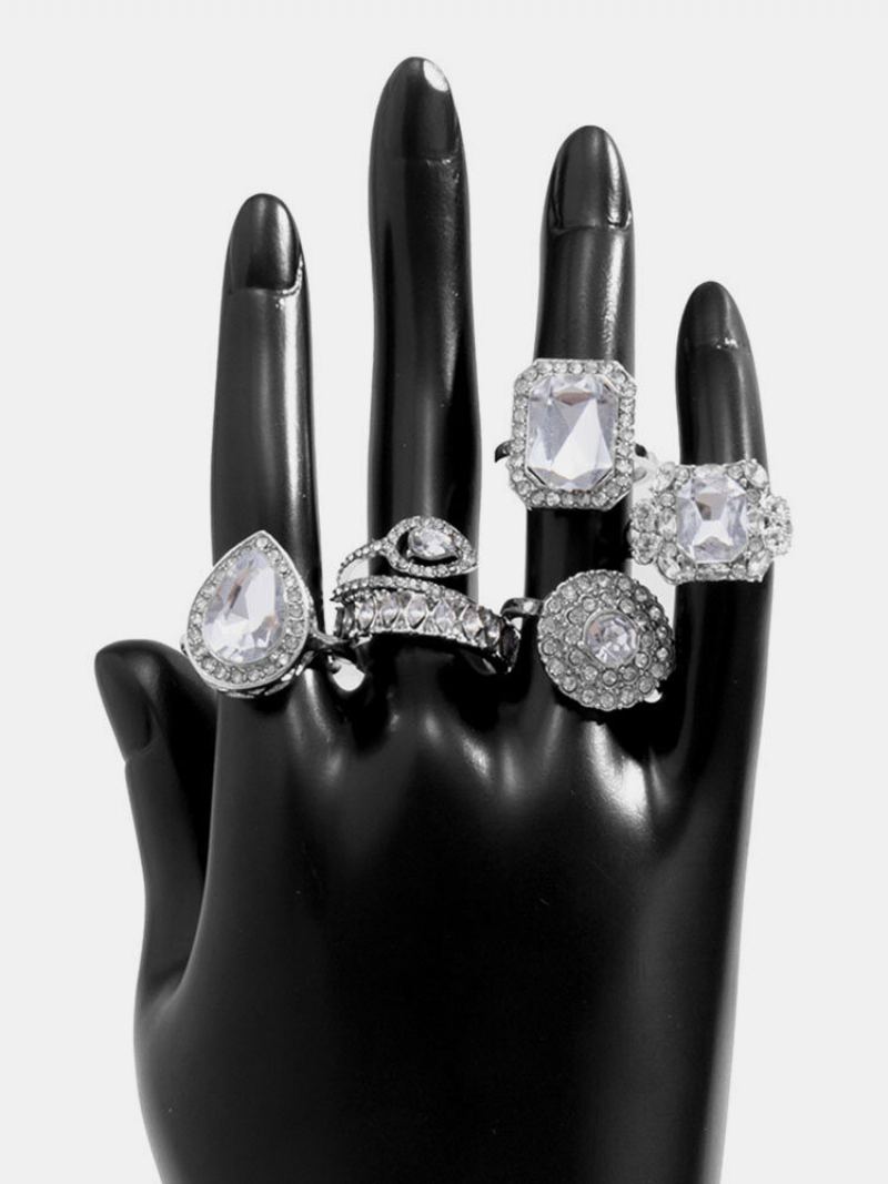 Trendy Čtvercový Prsten S Drahokamy Set Temperament Metal Diamond Ring Set