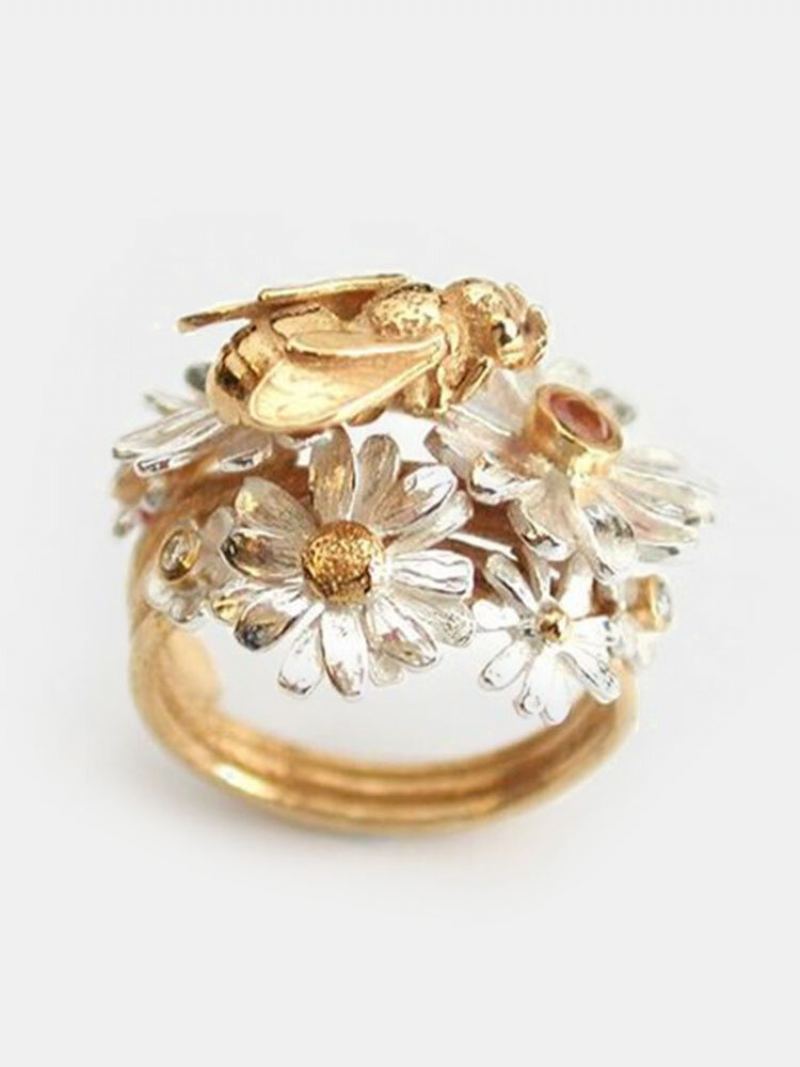 Vintage Alloy Bee Med Flower Golden Leaf Ring