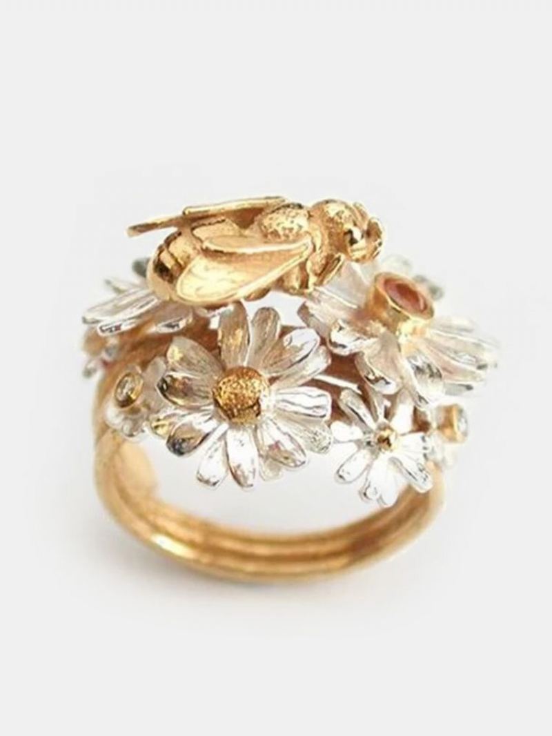 Vintage Alloy Bee Med Flower Golden Leaf Ring