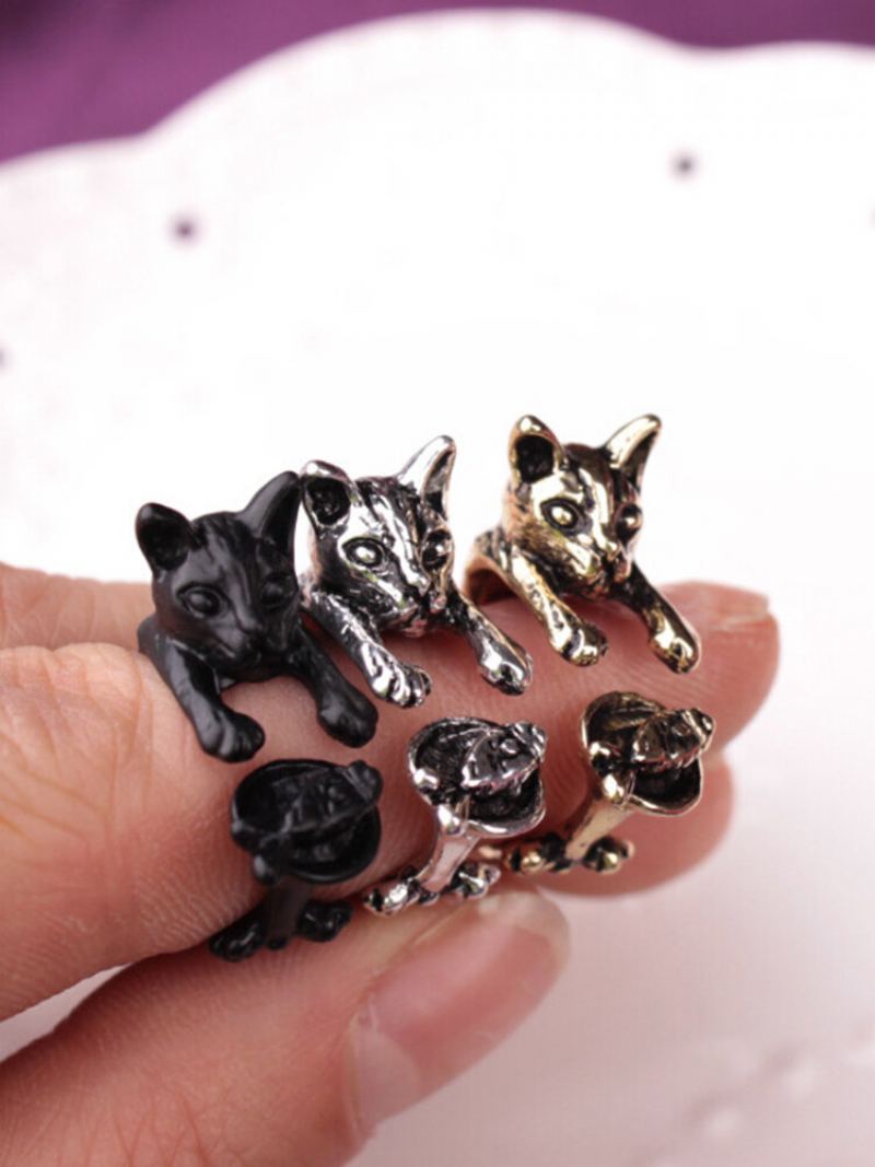 Vintage Animals-shape Women Ring Cute Cat Eat Fish Šperky Dárek